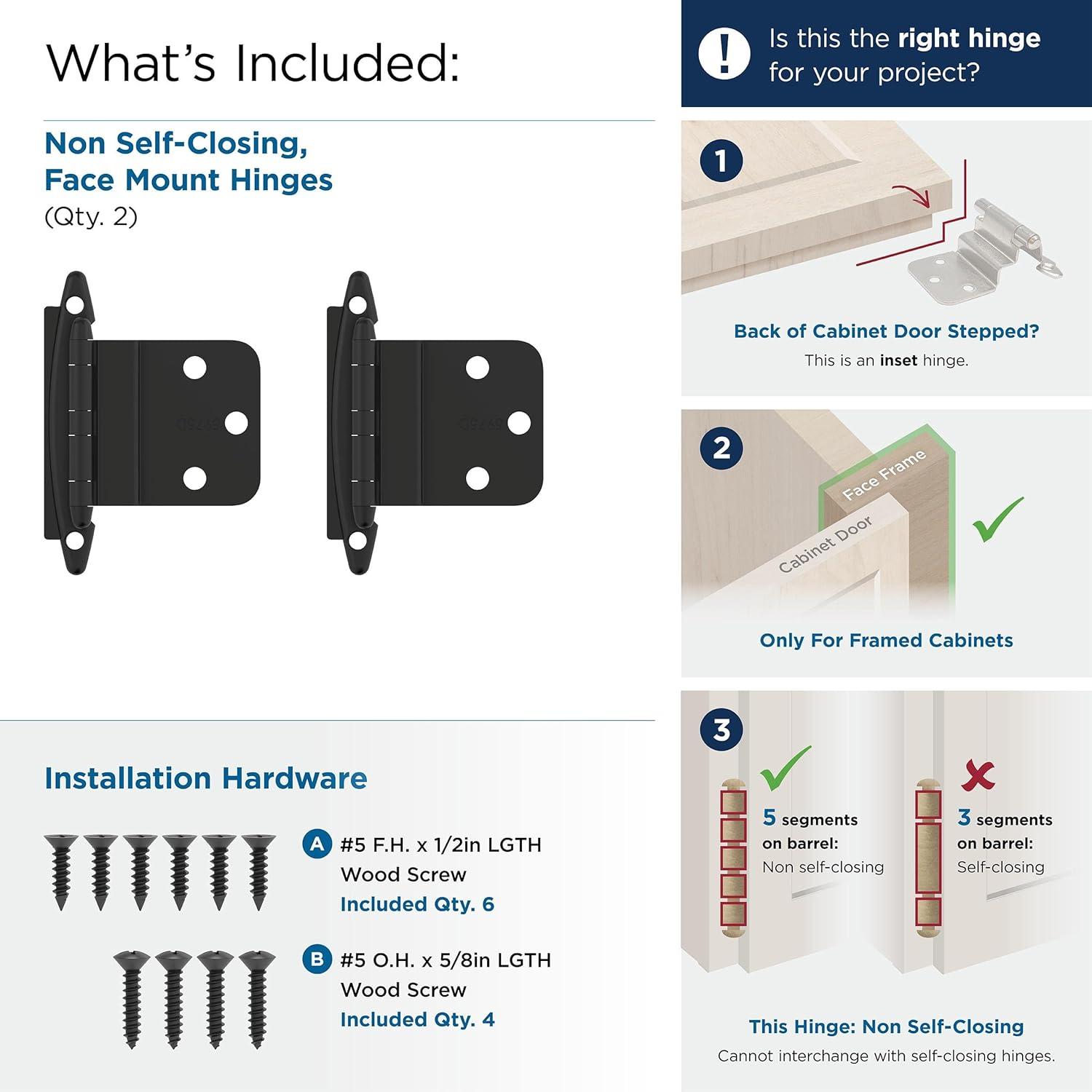 imageAmerock Cabinet Hinge 38 inch 10 mm Inset Satin Nickel 2 Pack Non SelfClosing Face Mount Cabinet DoorMatte Black