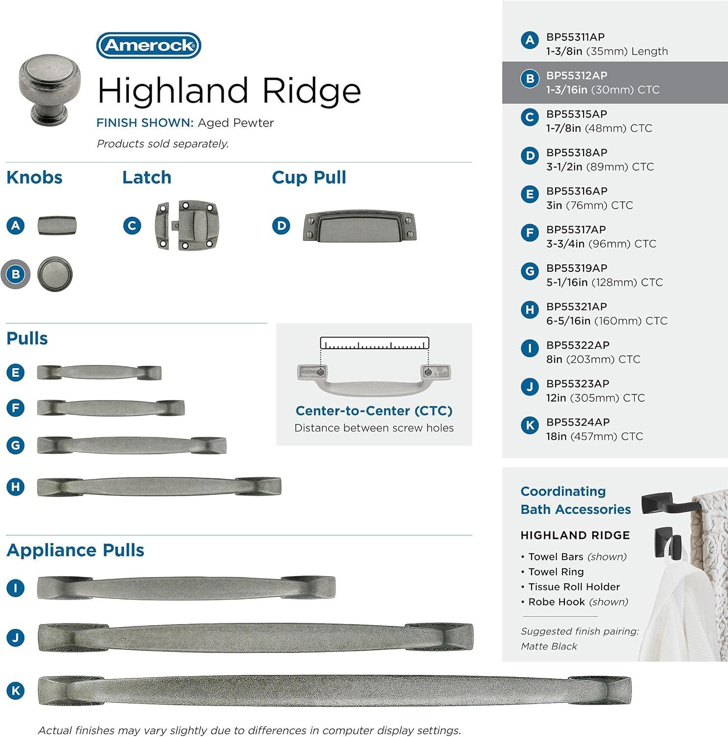 imageAmerock Cabinet Knob Satin Nickel 138 inch 35 mm Length Highland Ridge 1 Pack Drawer Knob Cabinet HardwareAged Pewter