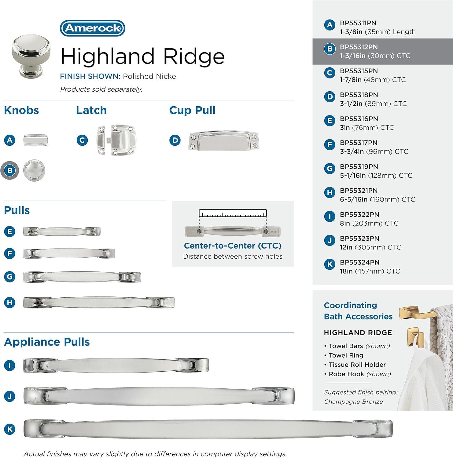 imageAmerock Cabinet Knob Satin Nickel 138 inch 35 mm Length Highland Ridge 1 Pack Drawer Knob Cabinet HardwarePolished Nickel