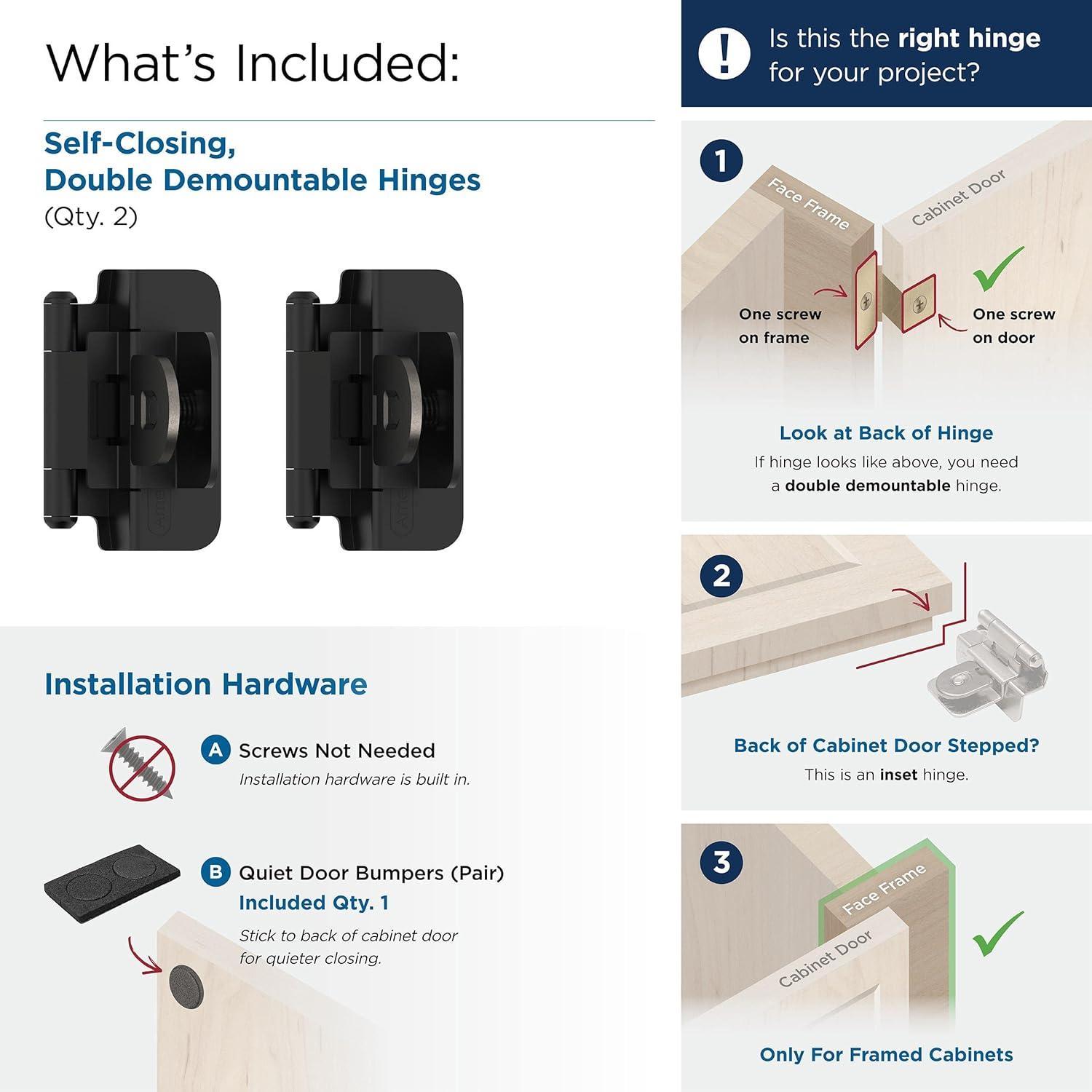 imageAmerock Double Demountable Cabinet Hinge 38 inch 10 mm Inset Hinge Satin Nickel 2 Pack SelfClosing Hinge Cabinet Door HingeMatte Black