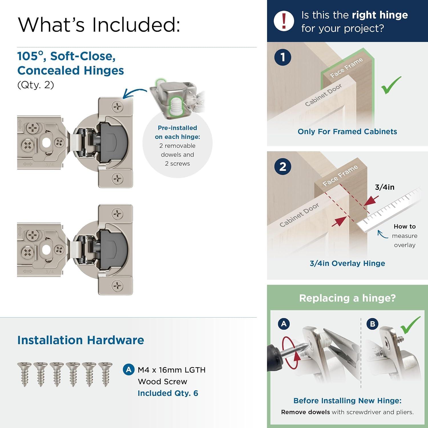 imageAmerock 2 Pack 114 inch Overlay SoftClosing Compact Concealed Hinge for Face Frame Cabinet 105degree Opening Angle with 3Way adjustability34 Inch Overlay