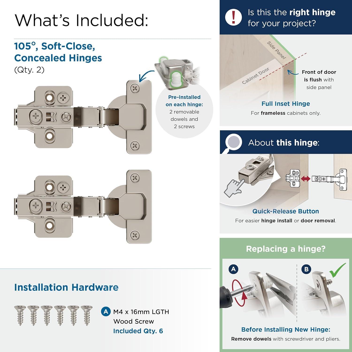 imageAmerock 2 Pack Full Overlay SelfClosing Euro Concealed Hinge for Frameless Cabinet 105degree Opening Angle with 3Way adjustabilityFull Inset Frameless