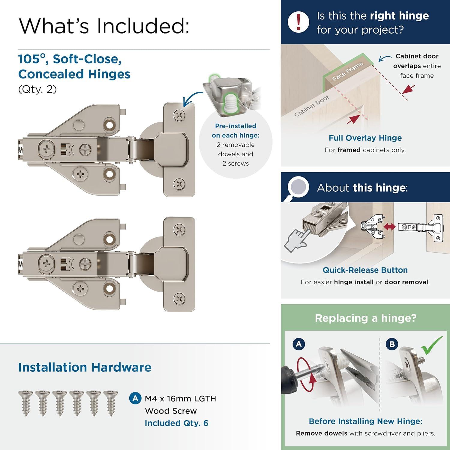 imageAmerock 2 Pack Full Overlay SelfClosing Euro Concealed Hinge for Frameless Cabinet 105degree Opening Angle with 3Way adjustabilityFull Overlay Face Frame