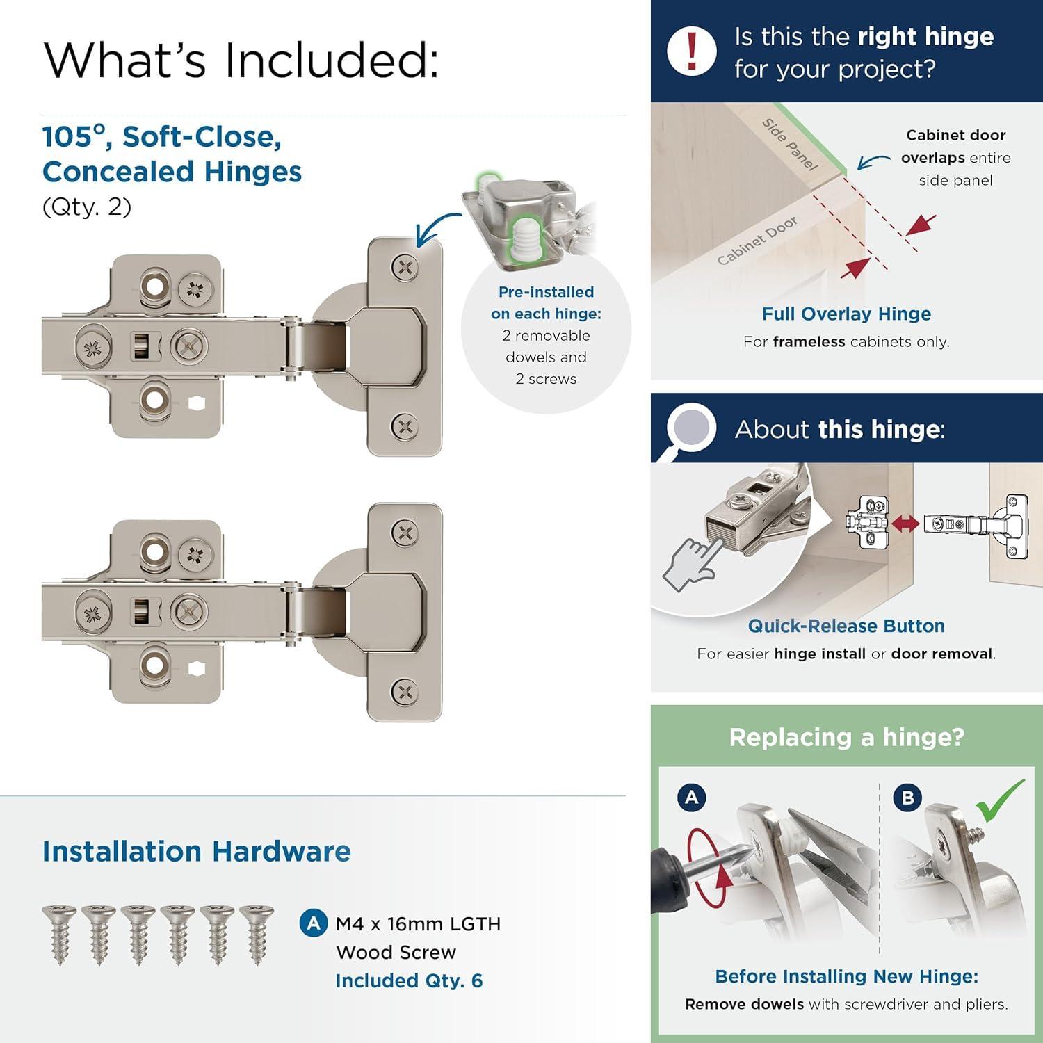 imageAmerock 2 Pack Full Overlay SelfClosing Euro Concealed Hinge for Frameless Cabinet 105degree Opening Angle with 3Way adjustabilityFull Overlay Frameless