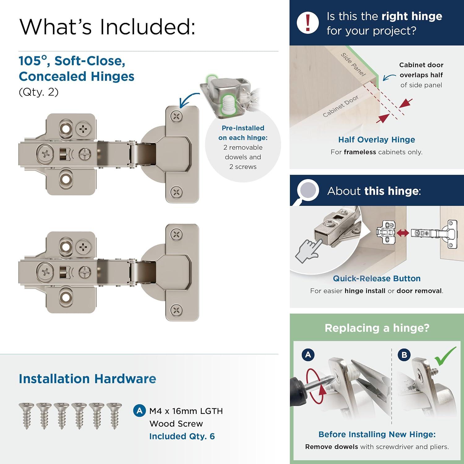 imageAmerock 2 Pack Full Overlay SelfClosing Euro Concealed Hinge for Frameless Cabinet 105degree Opening Angle with 3Way adjustabilityHalf Overlay Frameless