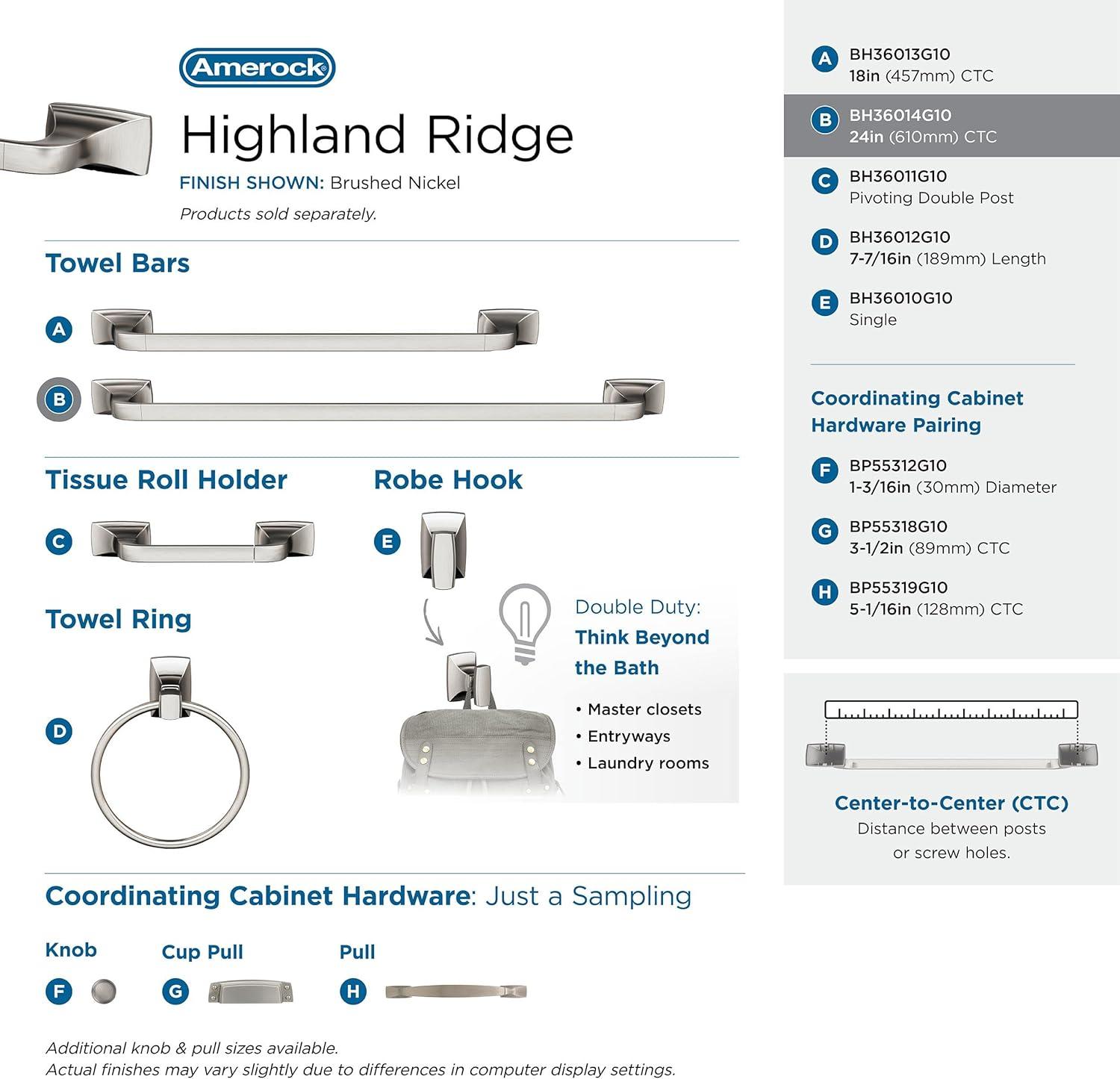 imageAmerock BH3601426 Chrome Towel Bar 24 in 610 mm Towel Rack Highland Ridge Bathroom Towel Holder Bathroom Hardware Bath AccessoriesBrushed Nickel