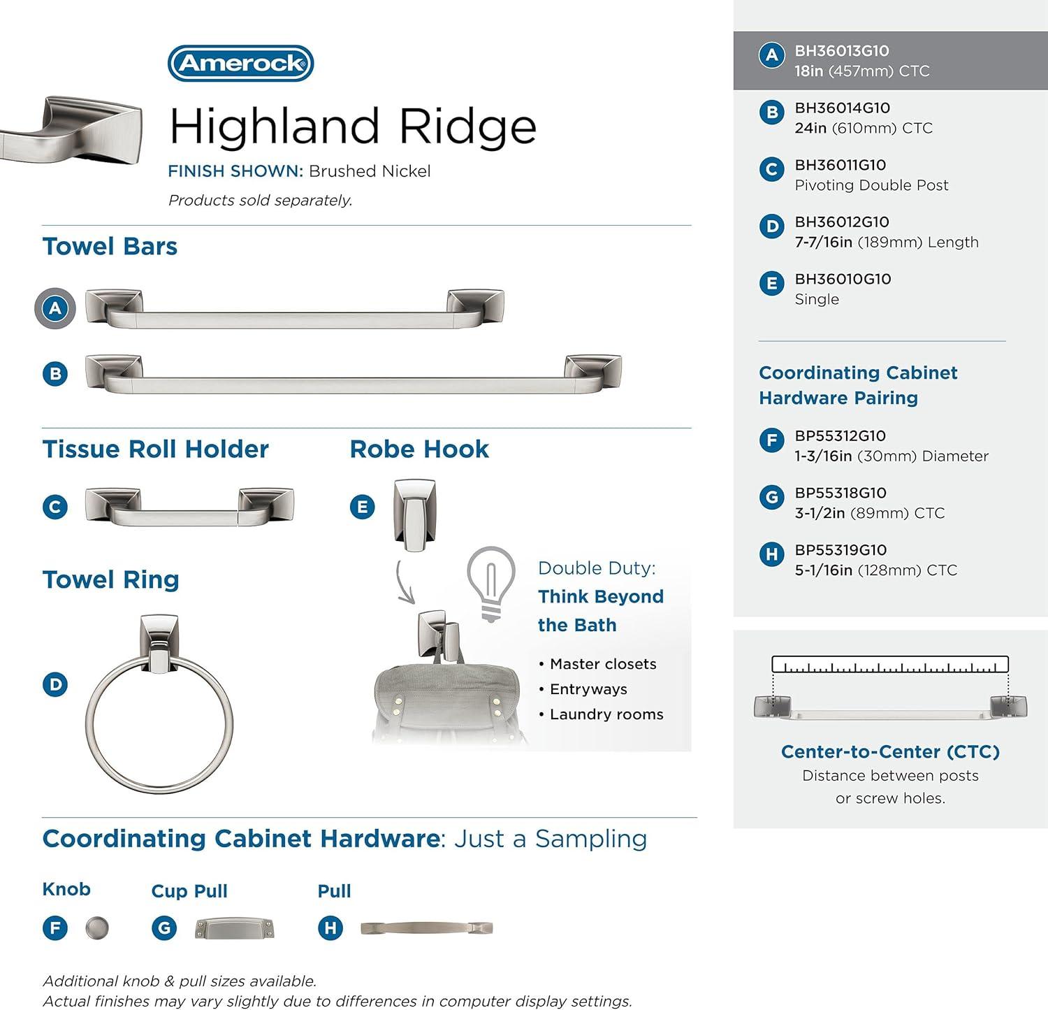 imageAmerock BH3601426 Chrome Towel Bar 24 in 610 mm Towel Rack Highland Ridge Bathroom Towel Holder Bathroom Hardware Bath AccessoriesBrushed Nickel