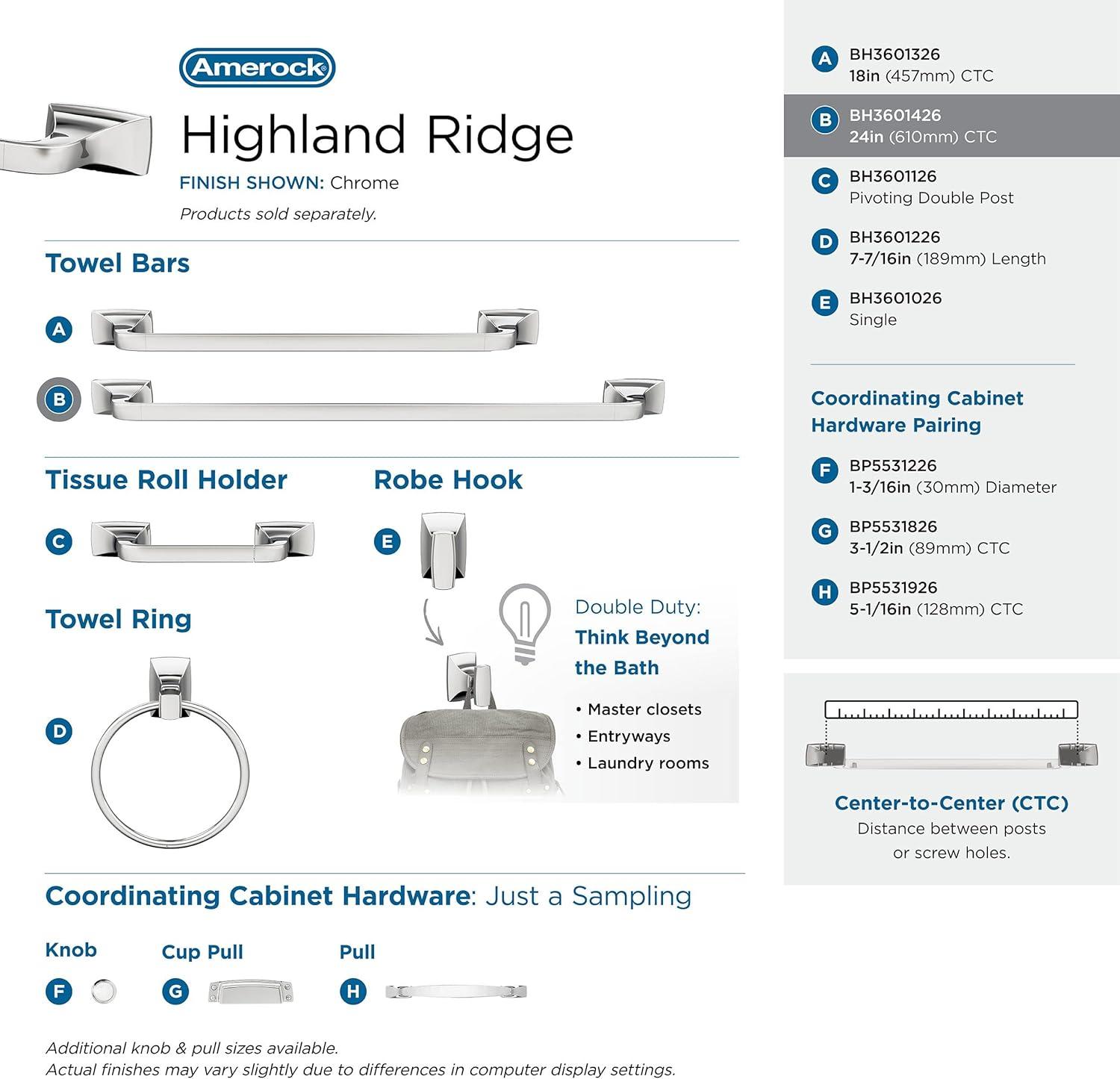 imageAmerock BH3601426 Chrome Towel Bar 24 in 610 mm Towel Rack Highland Ridge Bathroom Towel Holder Bathroom Hardware Bath AccessoriesChrome
