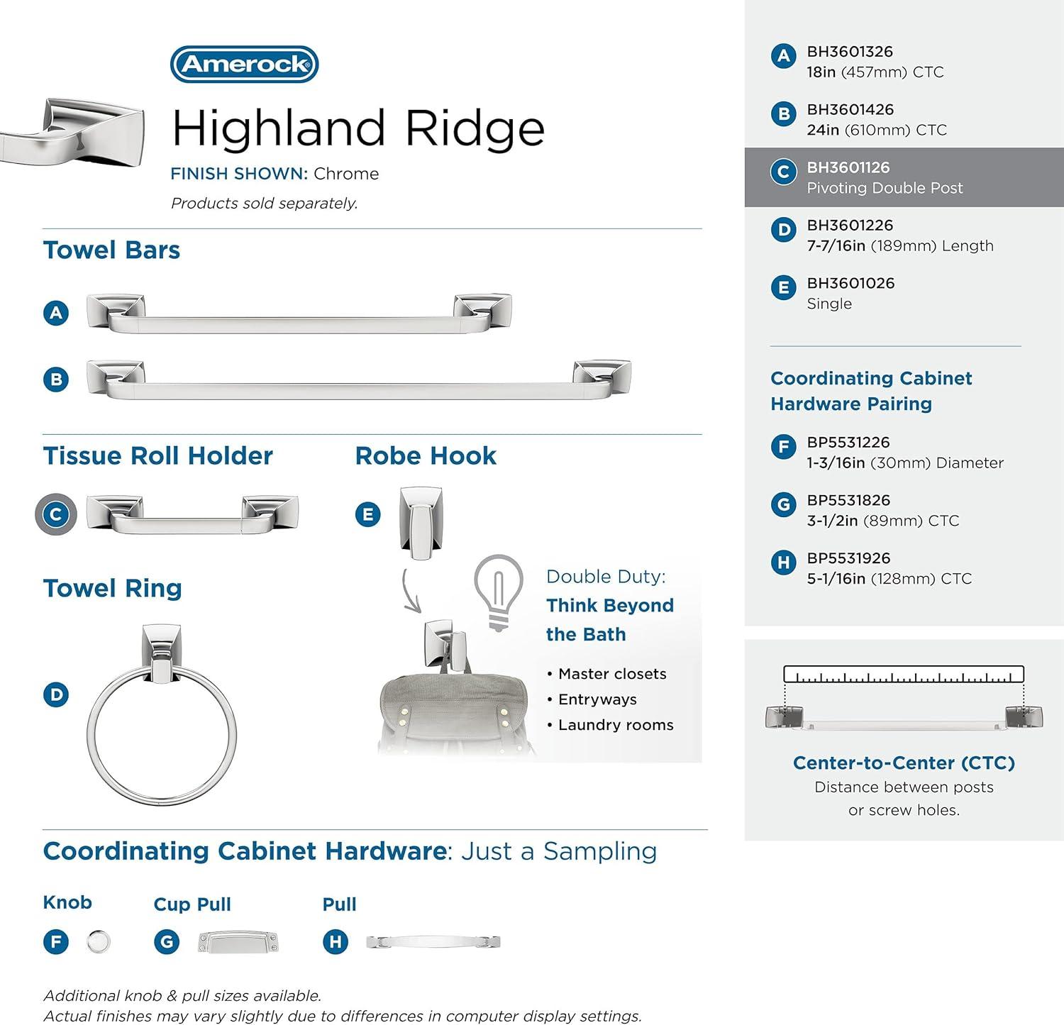 imageAmerock BH3601426 Chrome Towel Bar 24 in 610 mm Towel Rack Highland Ridge Bathroom Towel Holder Bathroom Hardware Bath AccessoriesChrome
