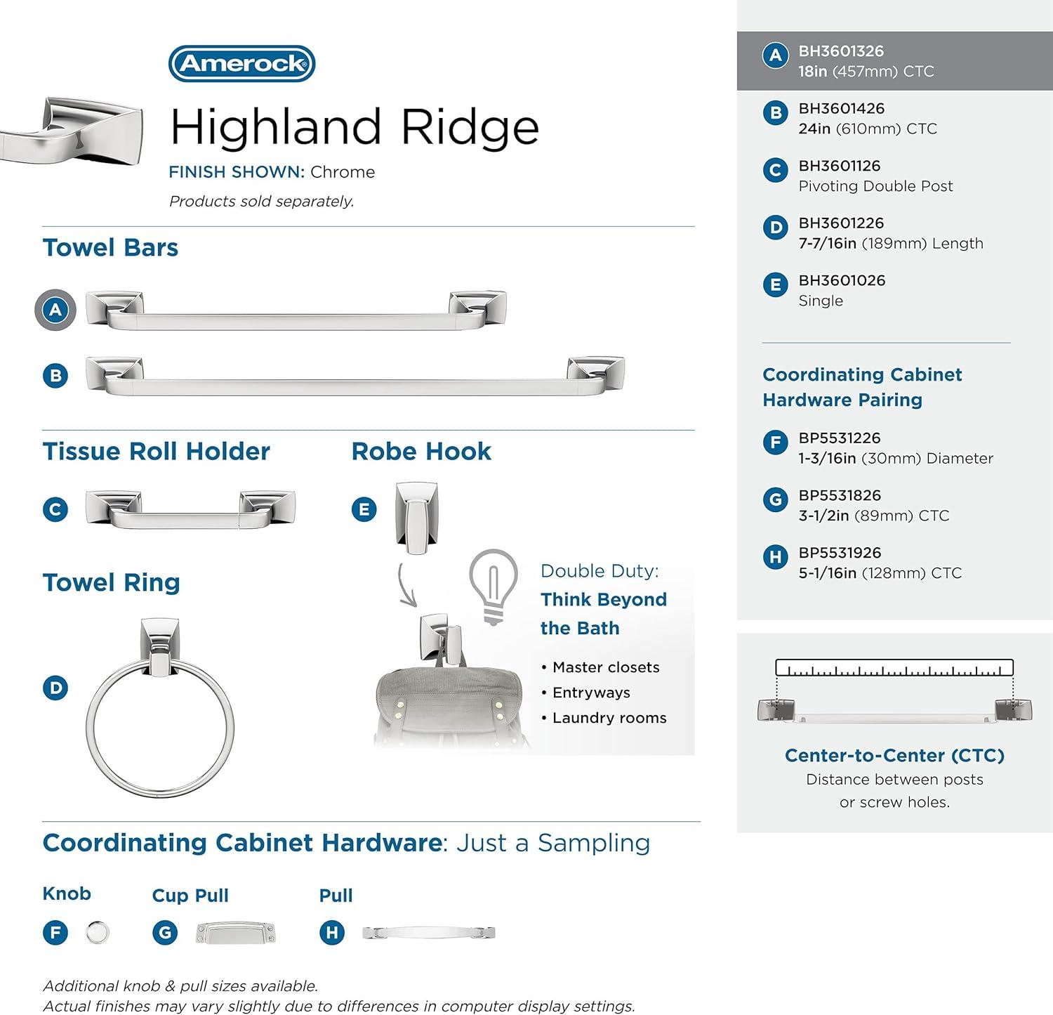 imageAmerock BH3601426 Chrome Towel Bar 24 in 610 mm Towel Rack Highland Ridge Bathroom Towel Holder Bathroom Hardware Bath AccessoriesChrome