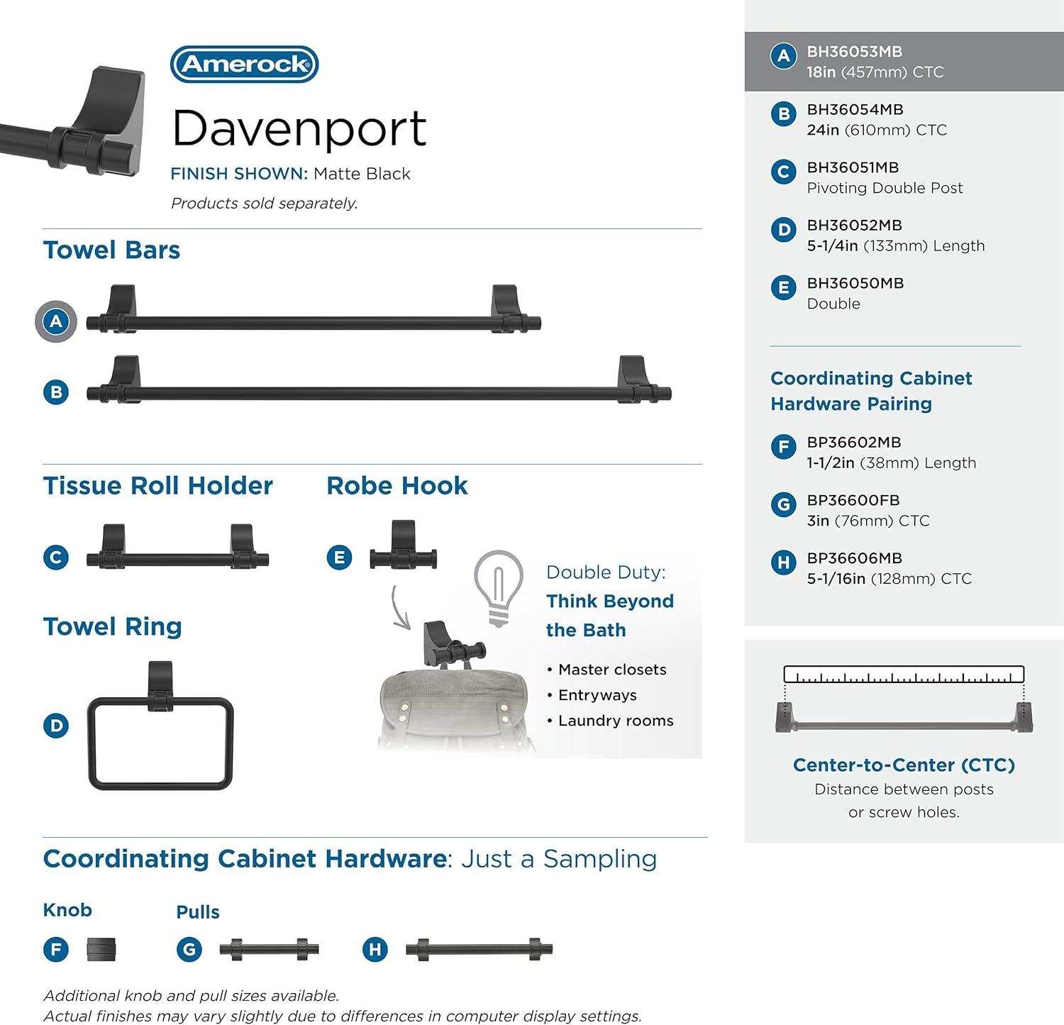 imageAmerock BH36050MB Matte Black Double Robe Hook 21516 in 75 mm Length Towel Holder Davenport Towel Hook for Bathroom Bathroom Hardware Bath AccessoriesMatte Black