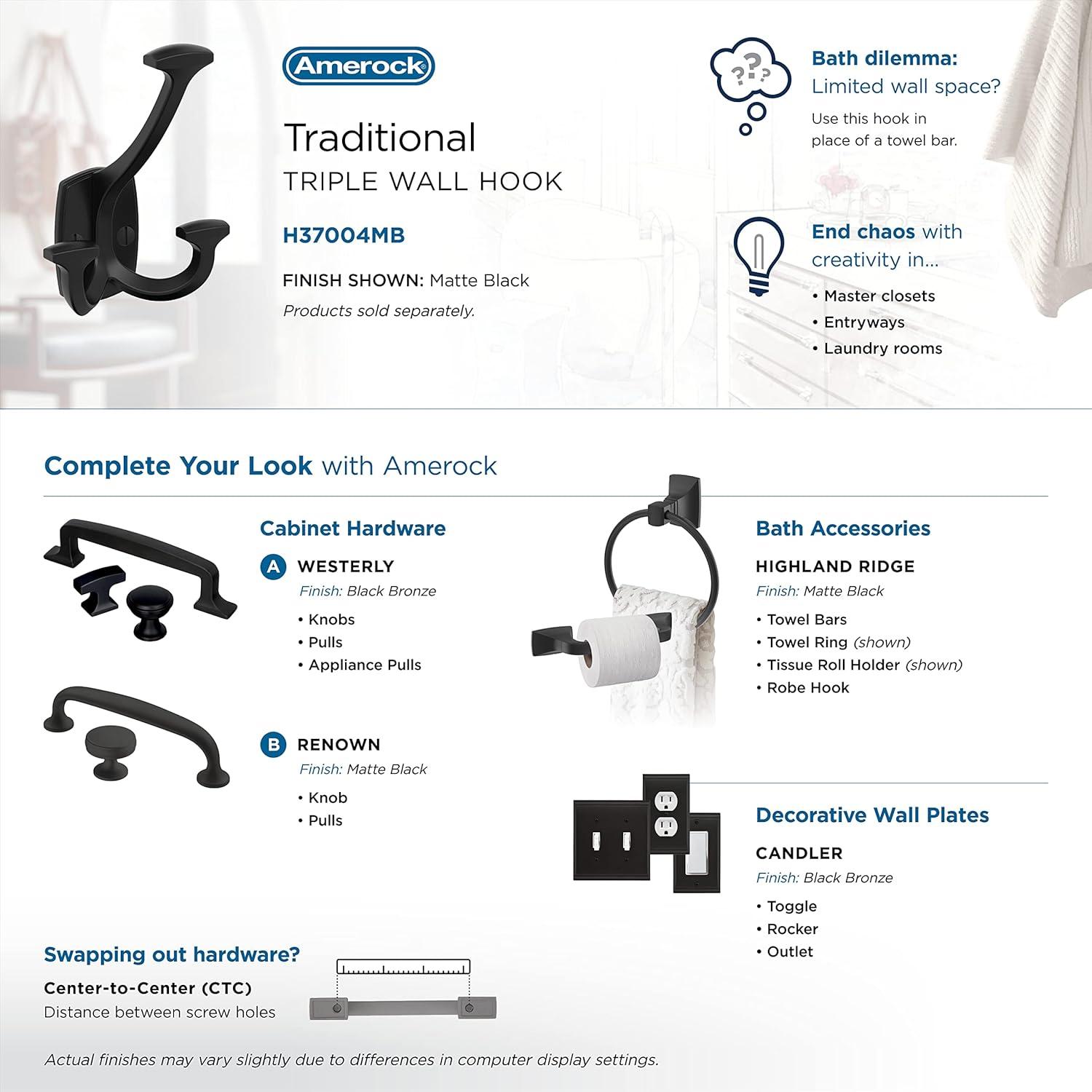 imageAmerock H37004ORB Vicinity Triple Prong Decorative Wall Hook Oil Rubbed Bronze Hook for Coats Hats Backpacks Bags Hooks for Bathroom Bedroom Closet Entryway Laundry Room OfficeMatte Black