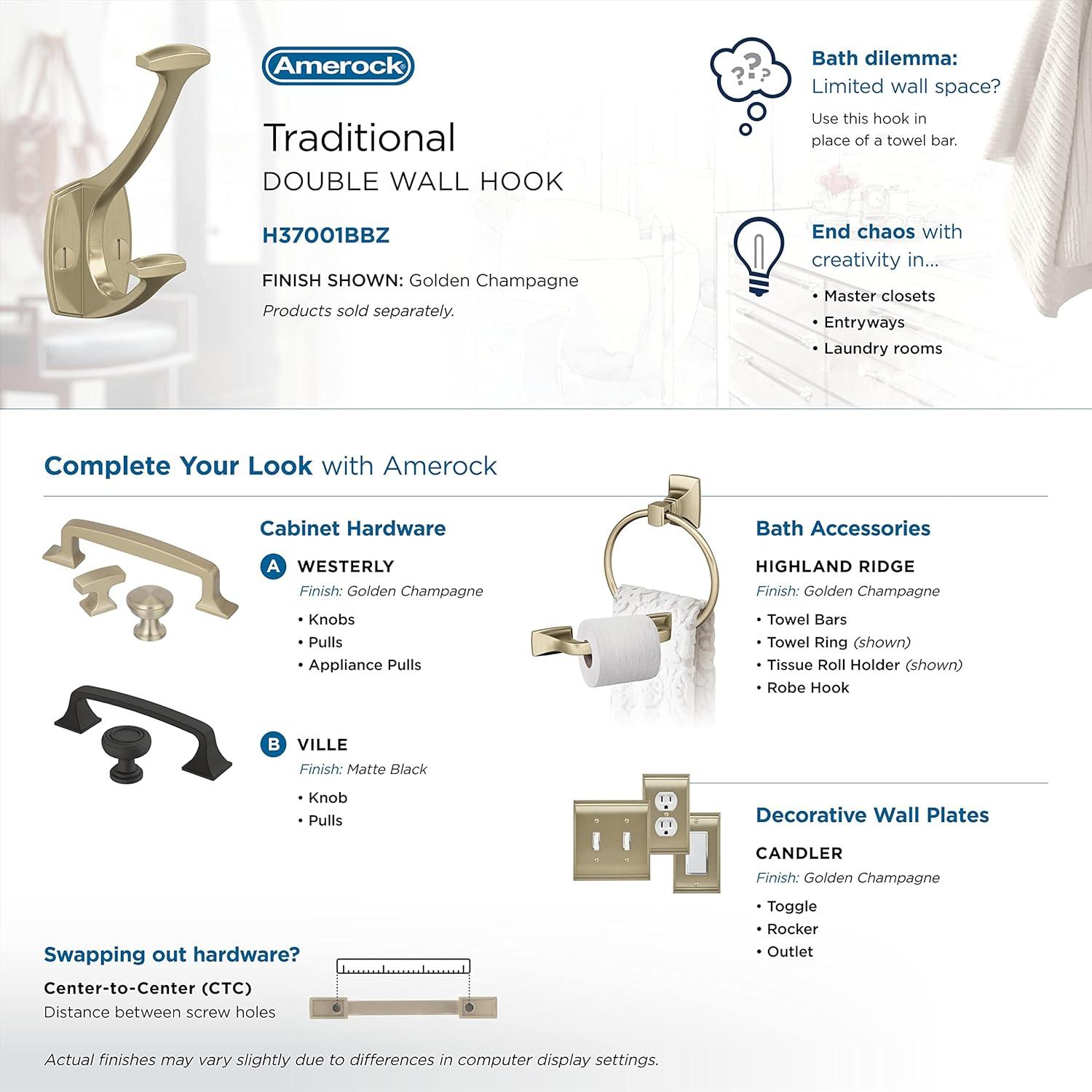 imageAmerock H37004ORB Vicinity Triple Prong Decorative Wall Hook Oil Rubbed Bronze Hook for Coats Hats Backpacks Bags Hooks for Bathroom Bedroom Closet Entryway Laundry Room OfficeGolden Champagne