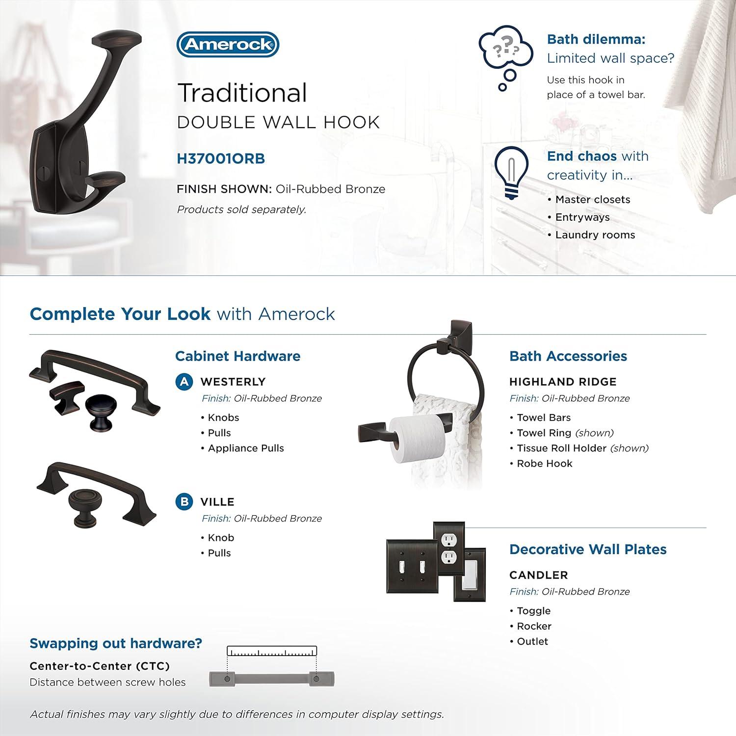 imageAmerock H37004ORB Vicinity Triple Prong Decorative Wall Hook Oil Rubbed Bronze Hook for Coats Hats Backpacks Bags Hooks for Bathroom Bedroom Closet Entryway Laundry Room OfficeOil Rubbed Bronze