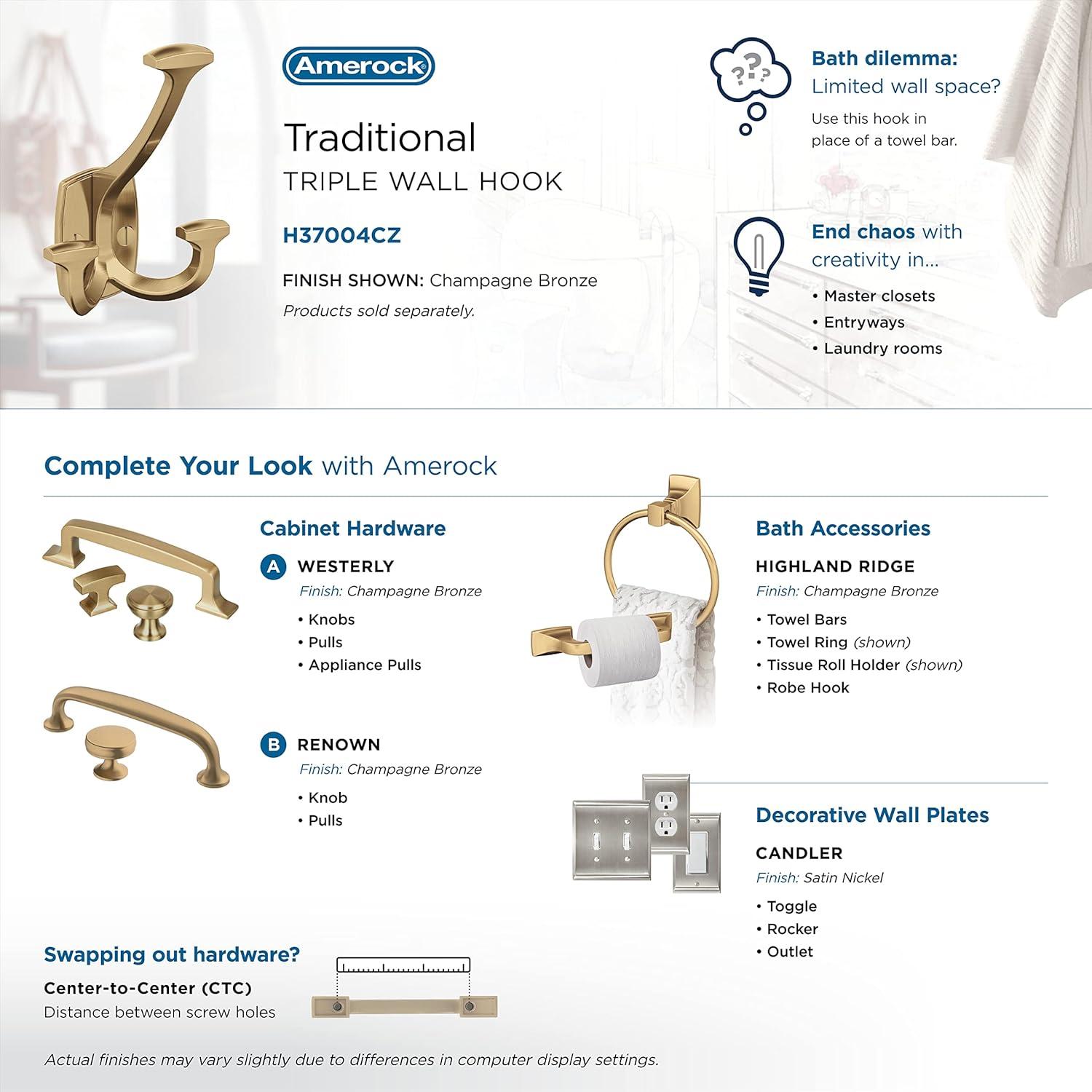 imageAmerock H37004ORB Vicinity Triple Prong Decorative Wall Hook Oil Rubbed Bronze Hook for Coats Hats Backpacks Bags Hooks for Bathroom Bedroom Closet Entryway Laundry Room OfficeChampagne Bronze