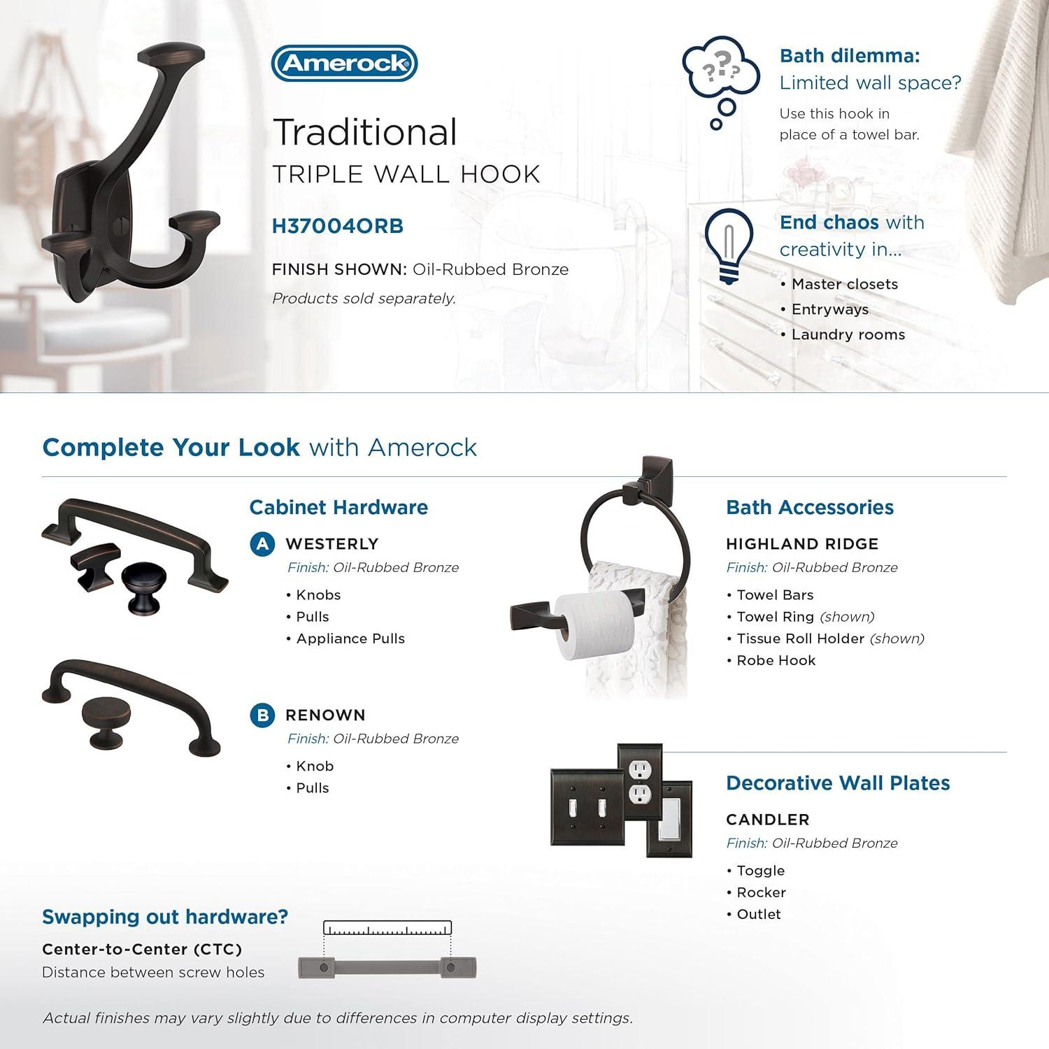 imageAmerock H37004ORB Vicinity Triple Prong Decorative Wall Hook Oil Rubbed Bronze Hook for Coats Hats Backpacks Bags Hooks for Bathroom Bedroom Closet Entryway Laundry Room OfficeOil Rubbed Bronze