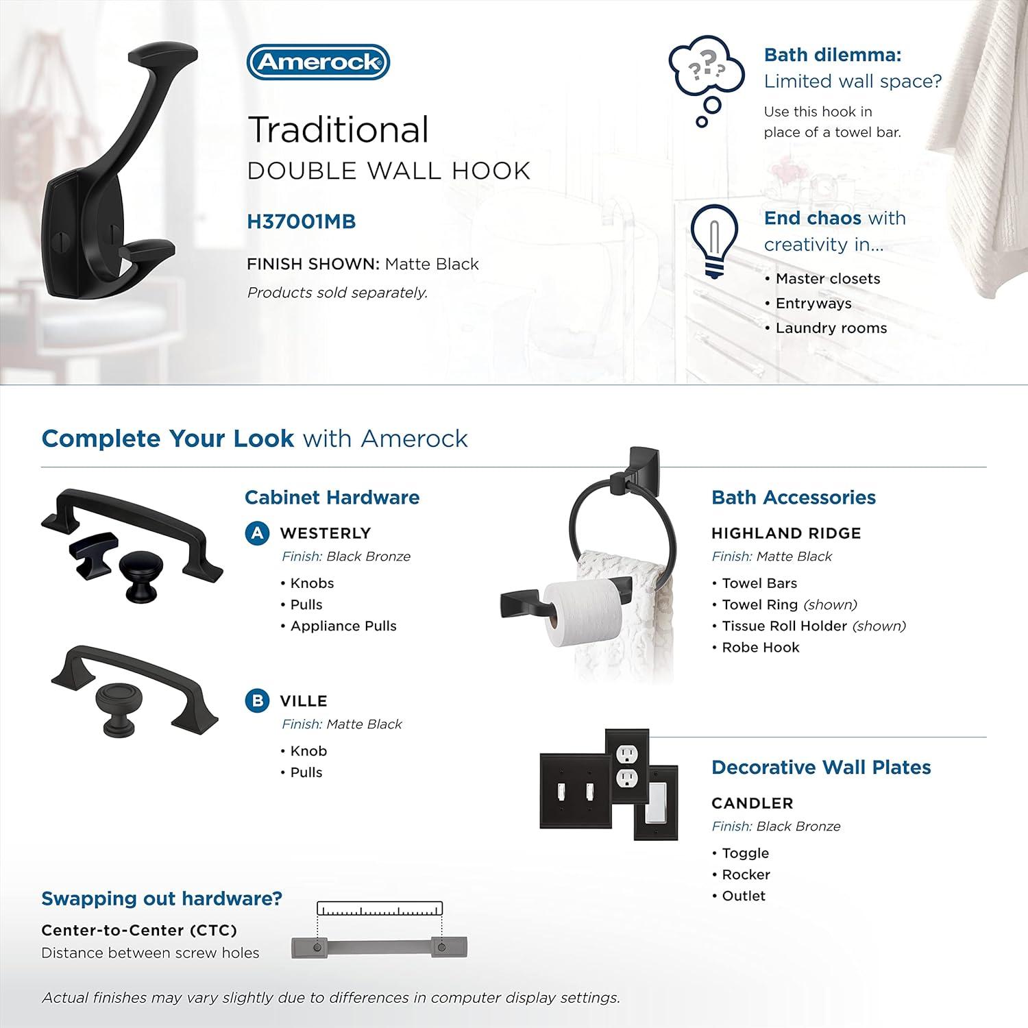 imageAmerock H37004ORB Vicinity Triple Prong Decorative Wall Hook Oil Rubbed Bronze Hook for Coats Hats Backpacks Bags Hooks for Bathroom Bedroom Closet Entryway Laundry Room OfficeMatte Black