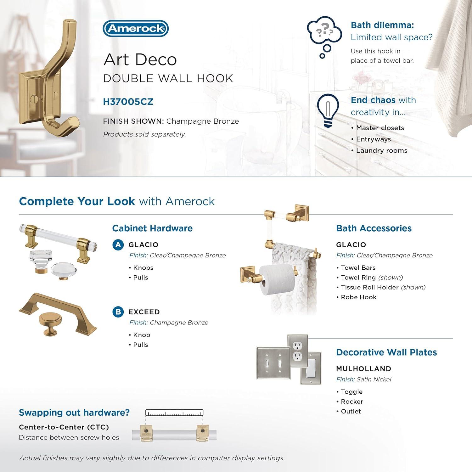 imageAmerock H37005G10 Aliso Double Prong Decorative Wall Hook Satin Nickel Hook for Coats Hats Backpacks Bags Hooks for Bathroom Bedroom Closet Entryway Laundry Room OfficeChampagne Bronze