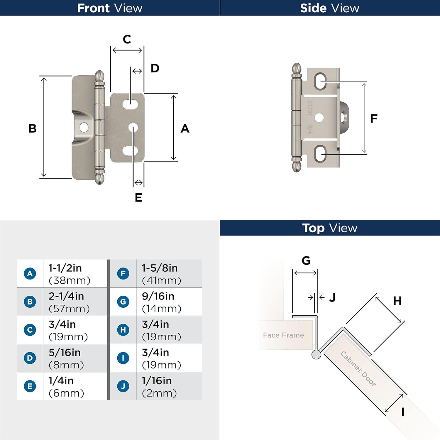 imageAmerock PK3180TBCZ Cabinet Hinge 34 in 19 mm Door Thickness Full Inset Partial Wrap Ball Tip Champagne Bronze Kitchen Cabinet Door Hinge Single Hinge Functional HardwareSatin Nickel