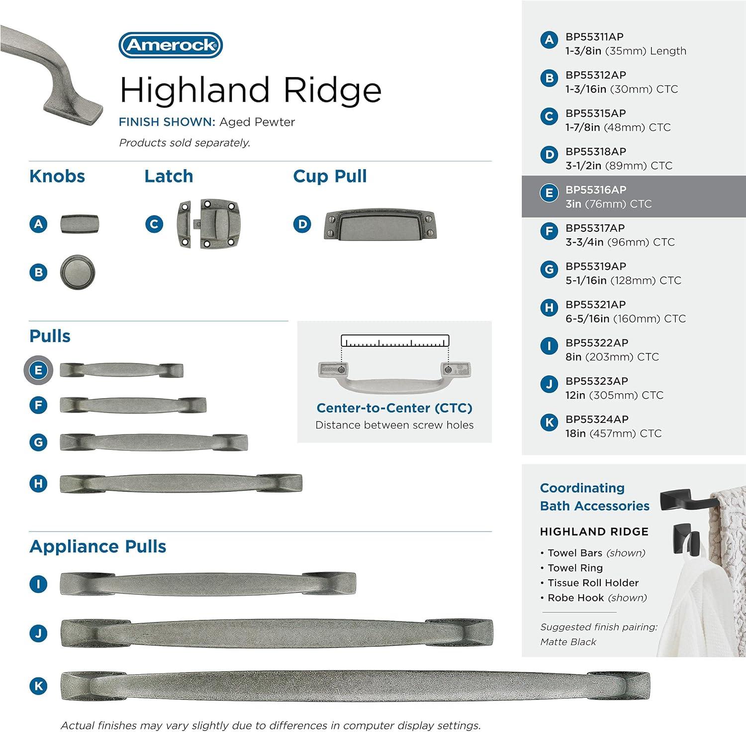 imageAmerock Cabinet Pull Aged Pewter 334 inch 96 mm Center to Center Highland Ridge 1 Pack Drawer Pull Drawer Handle Cabinet HardwareAged Pewter