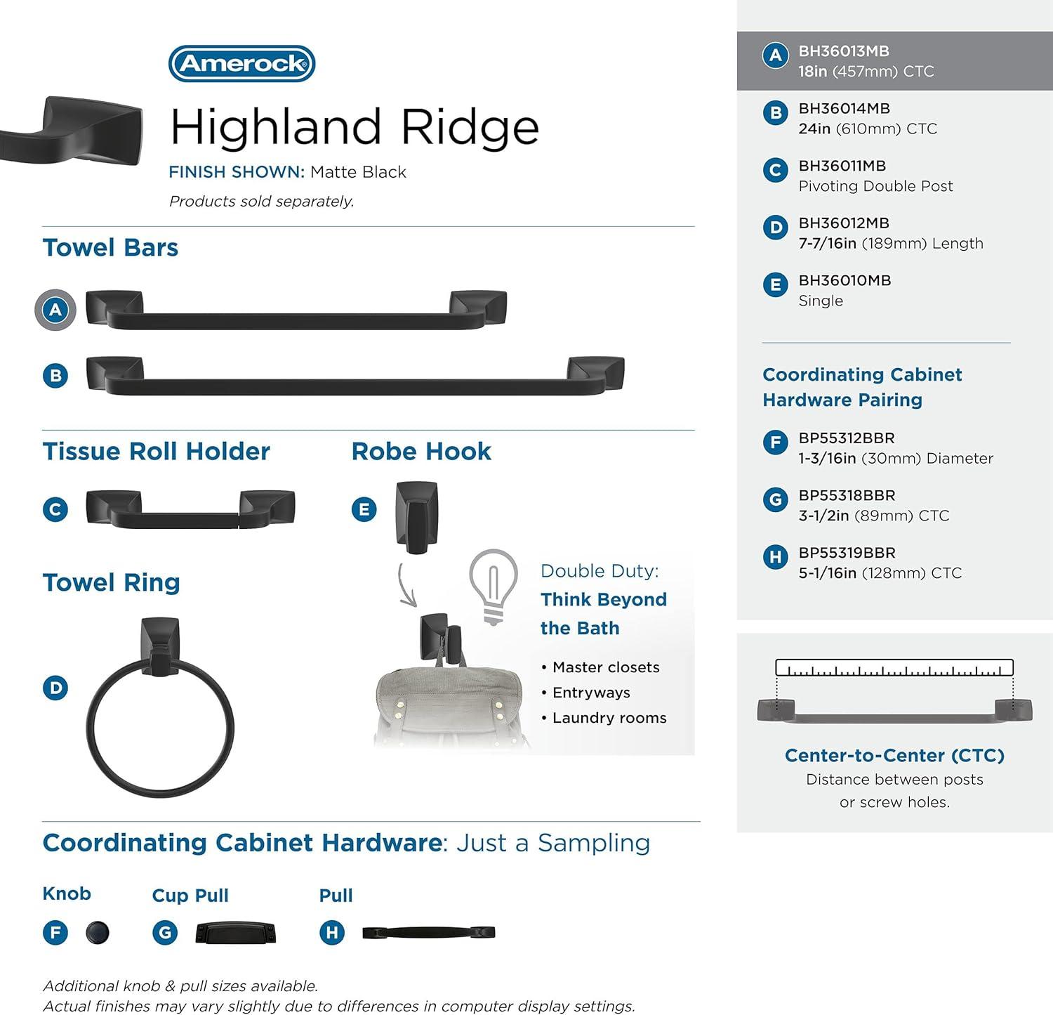 imageAmerock BH3601426 Chrome Towel Bar 24 in 610 mm Towel Rack Highland Ridge Bathroom Towel Holder Bathroom Hardware Bath AccessoriesMatte Black